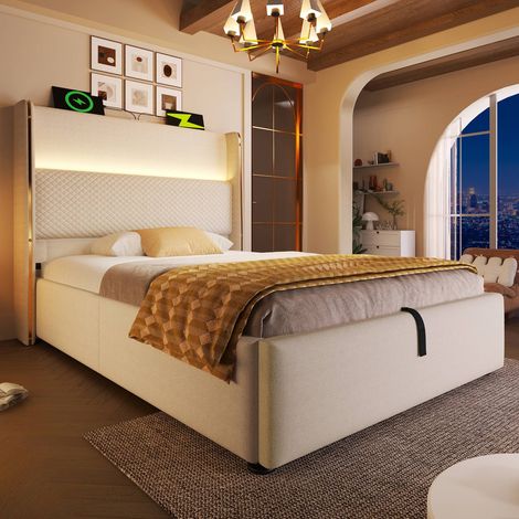 Lit simple 90x200 cm tête haute relevage hydraulique LED rangements USB-c toile beige sans matelas (1/5)