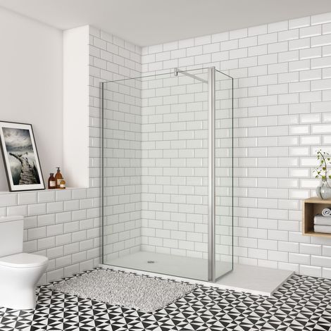 Paroi de douche à l'italienne 140x200cm, paroi fixe murale avec retour pivotant 50x200cm et une barre de fixation 140cm en carré Océan (1/5)