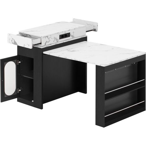 Table de cuisine à roulettes avec plateau pliable extensible, prise électrique intégrée et rangement, noir (1/5)