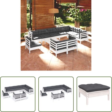 Terrassensofa - 11-tlg. Garten-Lounge-Set mit Kissen Weiß Kiefer Massivholz (1/5)