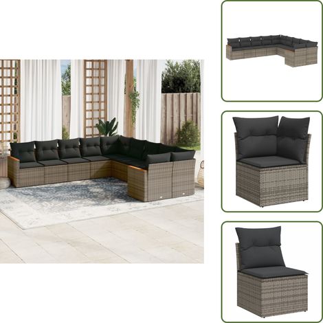 The Living Store 10-tlg. Garten-Sofagarnitur mit Kissen Grau Poly Rattan - Gartensorgaunität - Polyethylen-Rattan - Gartenmöbelset - Lounge Set - Terrassenmöbel (1/5)