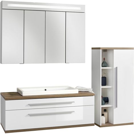 Fackelmann STANFORD Badmöbel Set 4-teilig, 110 cm breit, Weiß, Keramik+Spiegelschrank+Midischrank"-"90334145 (1/2)