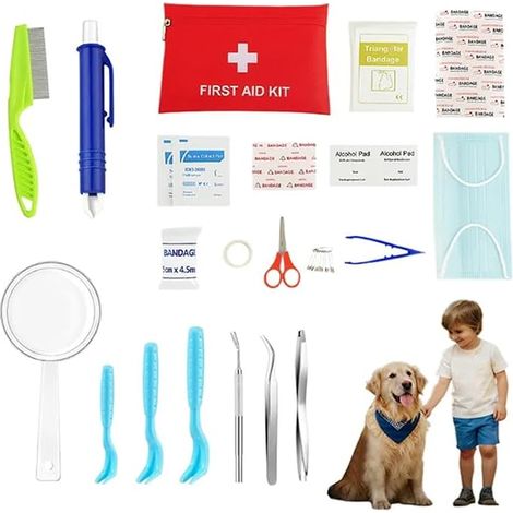 Ce kit Anti-Tiques en 7 Pièces Comprend Une Trousse de Premiers Secours, Un kit de Traitement et Une Pince à Tiques en Acier Inoxydable,Il Convient aux Humains aux Enfants aux Chats et aux Chiens (1/5)