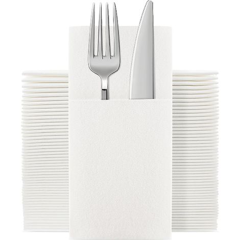 Lot de 100 serviettes jetables en tissu - Poche intégrée pour couverts - Pour fête de mariage - Blanc au toucher lin - Pré-pliées pour couverts