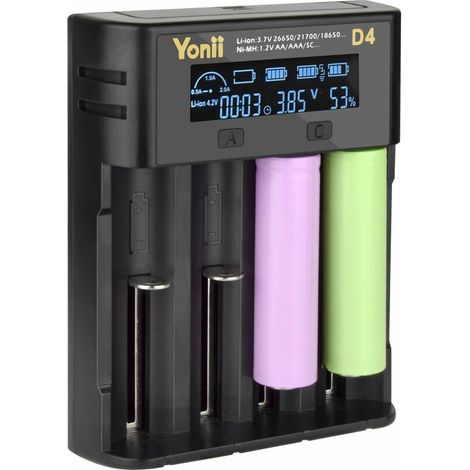 Chargeur Piles Rechargeable - 4 Emplacements - Écran LCD - Compatible Li-ion 3.6V 3.7V et Ni-Mh Ni-Cd 1.2V - Pour 18650 21700 26650 AA AAA AAAA SC F6 (1/5)