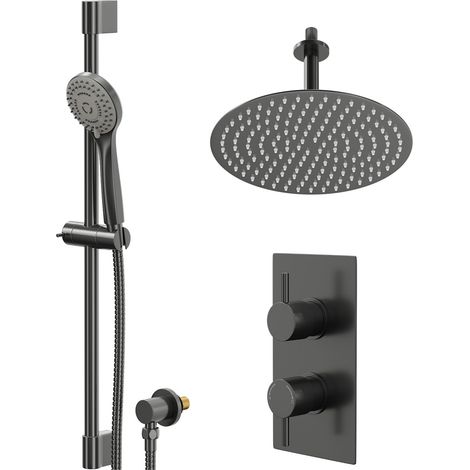 Colore Round Gunmetal Grey Concealed Twin Thermostatic Shower Valve with Diverter and 300mm Fixed Head with 150mm Ceiling Arm and Slide Rail Kit -  2 Outlets (1/5)