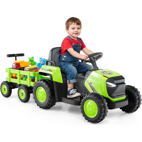COSTWAY 12V Trattore Elettrico per Bambini, Trattore a Pedali con Rimorchio Staccabile Controllo Remoto Fari LED Clacson e Musica, Macchina Elettrica per Bambini 37-95 Mesi (Verde)