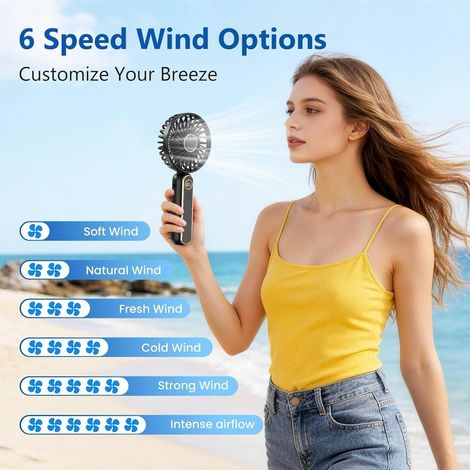 Mini Ventilateur Portable, USB Rechargeable Ventilateur a Main Silencieux avec 6 Vitesses, Affichage LCD, Usage Main, Bureau, Cou ou Pliable, Ventilateur Portatif pour Voyage, Bureau, Extérieur