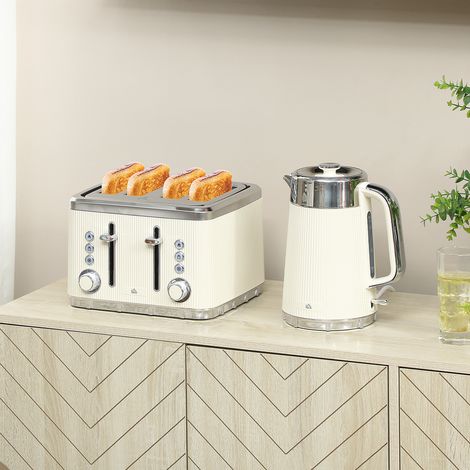 Hervidor de 2200 W y 1,7 L con función de ebullición rápida, filtro antical y tostadora de 4 rebanadas con 7 niveles de tostado, color blanco crema.