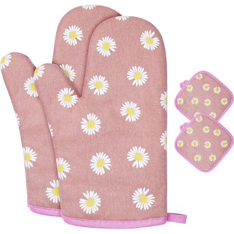 Ofenhandschuhe, 1 Paar Baumwoll-Küchenhandschuhe mit 2 Ofenhandschuhen, waschbare Ofenhandschuhe, rutschfeste Küchenhandschuhe, hitzebeständige Ofenhandschuhe zum Grillen und Kochen (blaue Blumen)
