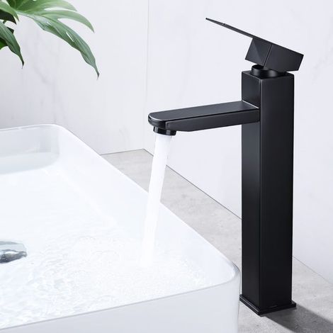 Robinet Salle Bain Lavabo Robinets Carrés Robinet Lavabo Haut Salle de Bain Robinet Lave Main en Métal de Qualité Supérieure Installation Noir (1/5)