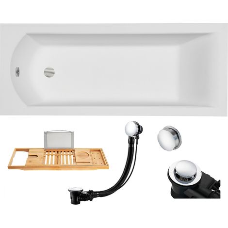 Badewanne Rechteck 140x70 + Bambus Ablage, Ablaufgarnitur & Füßen GRATIS - Komplettset 4in1 Original Acryl Wanne Premium Siphon - BADLAND SHEA (1/5)