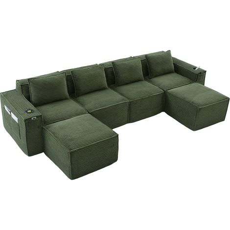Divano modulare 4 posti in corduroy verde con 2 pouf, portabicchieri e tasche (1/5)