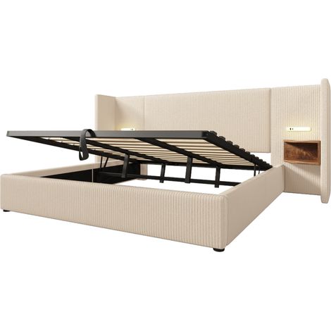 Doppelbett 180x200 aus Cord mit Leselampe, USB- und USB-C-Anschlüssen, Beige, HOMVRA (1/5)