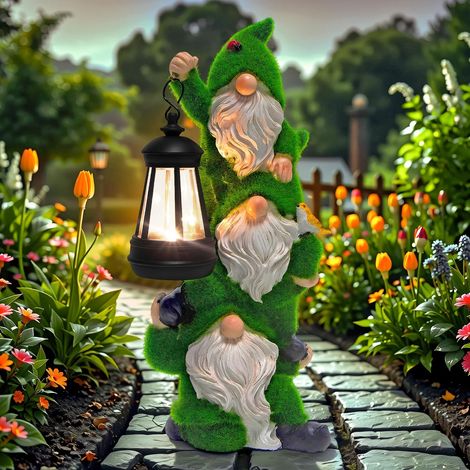 Nains de jardin solaires, figurine de nain en résine floquée tenant une lanterne solaire, cadeau original pour un anniversaire ou une pendaison de crémaillère (femme, maman, grand-mère). (1/5)