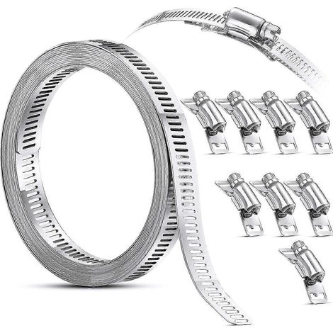 Kit de colliers de serrage en acier inoxydable 304, sangle réglable à vis sans fin de 3,5 m, 8 raccords, antirouille pour tuyaux, tubes et câbles (9 pièces) (1/5)