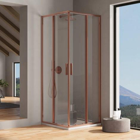 Cabine de douche d angle 80 x 100 cm avec profilés en cuivre brossé verre fin de 6 mm transparent anti calcaire h 190 Portofino (1/4)