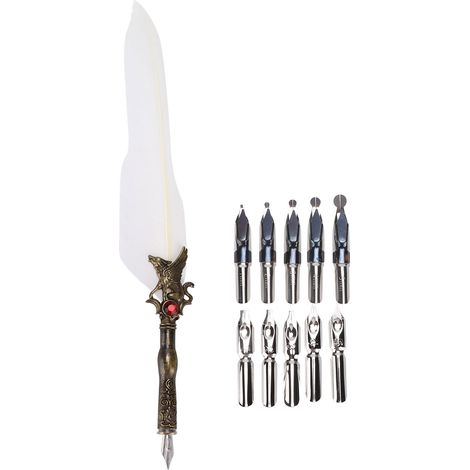 Feather Pen Craft Retro Carved Stainless Steel Dip Pencil for Signature Gift Table DecorationWhite (1/5)