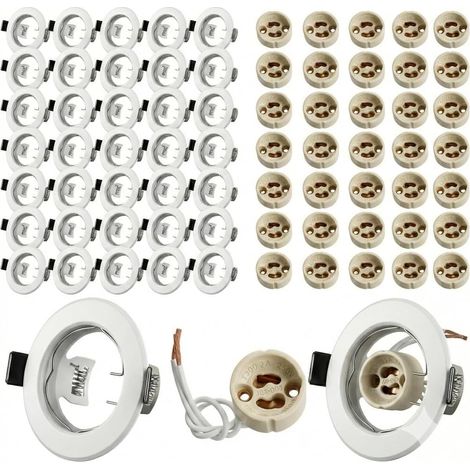 Lot de 36 Support Spot Encastrable GU10 Blanc Mat, Cadre de Spot Plafond Rond avec Douilles Céramique, Trou Ø 55-70 mm, Changement d'Ampoule Facile pour Placo, Compatible LED (Sans Ampoule)
