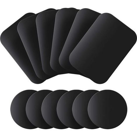 Plaques métalliques (lot de 12) pour supports magnétiques de téléphone de voiture – Plaques métalliques fines avec dos adhésif pour aimants de téléphone (6 rondes et 6 rectangulaires)
