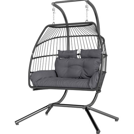 Sillón colgante con estructura plegable de poliratán gris oscuro con cojín 170 x 100 x 185 cm (1/5)