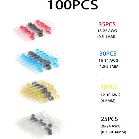 Lot de 100 Connecteurs Électriques Étanches à Sertir avec Gaine Thermorétractable - Cosses Anneau Isolées Sans Pression (Rouge, Bleu, Blanc, Jaune) pour Câblage Auto et Moto-lsw (1/2)