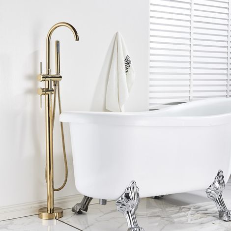 Suguword – Robinet de baignoire autoportant or – Bec à cascade allongé pour remplissage rapide – Douche à main 60 pouces – Laiton massif moderne