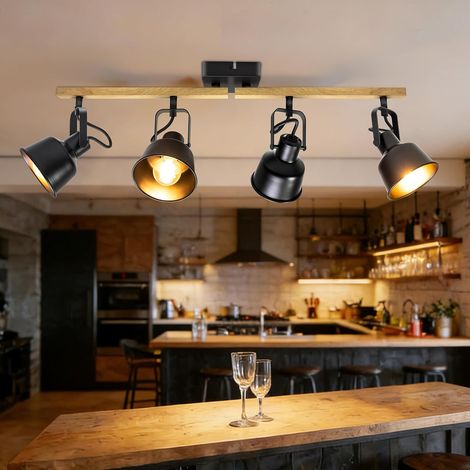 Plafonnier Industriel Spots et Rails de Spots, 4 Spots LED Orientable avec Douille E14, Luminaires Intérieur avec Base Rectangulaire en Bois, pour Cuisine Chambre Salon, Noir (sans Ampoule)