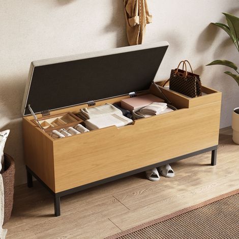 Panca contenitore e scarpiera 115x50x40 cm, cassapanca pieghevole con seduta imbottita e vano portaoggetti - Legno naturale (1/5)
