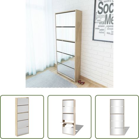 vidaXL Rangement chaussures - Meuble à chaussures 5 étagères et miroir 63x17x169,5 cm Chêne (1/5)