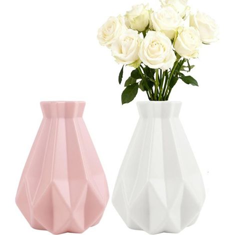 Vases en plastique, lot de 2, design simple, adaptés à la décoration du salon et des mariages (20 x 14 cm, blanc, rose). (1/5)
