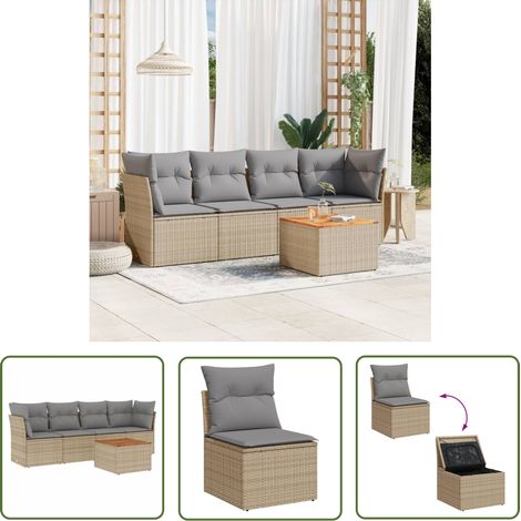 The Living Store 5-tlg. Garten-Sofagarnitur mit Kissen Beige Poly Rattan - Gartenmöbel - Esszimmergarnituren - Outdoor Möbel - Rattan Sofa - Lounge Set (1/5)