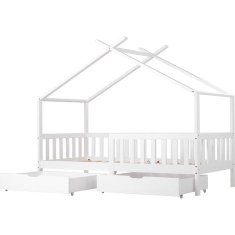 Letto a casetta per bambini 90x200 cm bianco con 2 cassetti, sponde e rete a doghe (1/5)