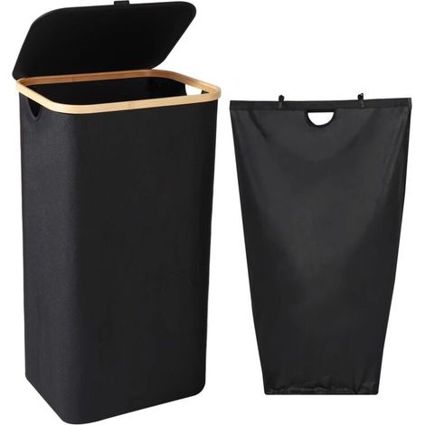 Cesto de ropa (negro), cesto de ropa de 100 L con tapa y asas - Contenedor de ropa sucia con bolsa extraíble - Cesto de ropa plegable de gran capacidad, 40,5 x 33,5 x 75 cm -Crezuo