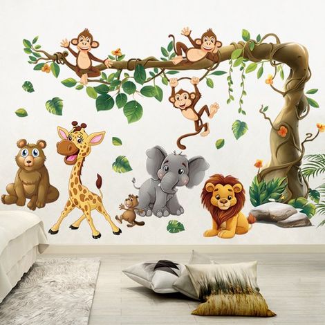 2 adesivi murali con animali della giungla, adesivi murali per camerette, decorazione murale, cameretta dei bambini, cameretta per neonati, adesivi murali con motivi animali bianchi (1/5)