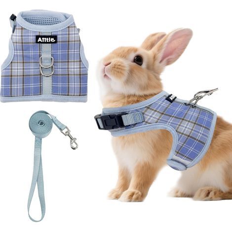 Rabbit Harness and Leash, Padded Plaid Vest, Adjustable Double D-Ring, For Small Pets (1/5)