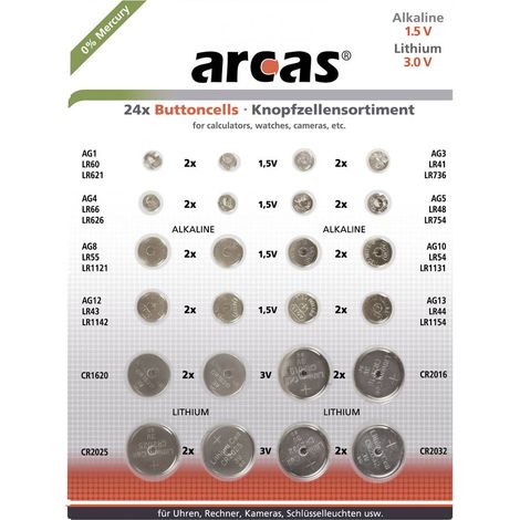 Arcas Jeu de piles bouton 2x AG1, 2x AG3, 2x AG4, 2x AG5, 2x AG8, 2x AG10, 2x AG12, 2x AG13, 2x CR1620, 2x CR2016, 2x C
