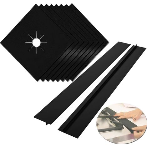 Protections pour brûleurs de cuisinière, lot de 8 (0,2 mm, 27 x 27 cm) pour plaques de cuisson à gaz, avec 2 protections en silicone de 53 cm pour combler l'espace, double épaisseur, réutilisables, an (1/5)
