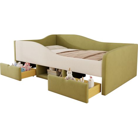 Lit enfant rembourré en velours vert foncé et ivoire 90x190 cm avec 2 tiroirs, rangements et sommier à lattes (1/5)