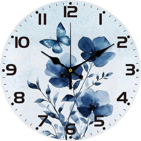 Horloge murale ronde décorative de 30 cm (12 pouces) avec motif papillons et dégradé de bleu, fonctionnant à piles et silencieuse. Idéale pour le bureau ou la cuisine. (1/5)