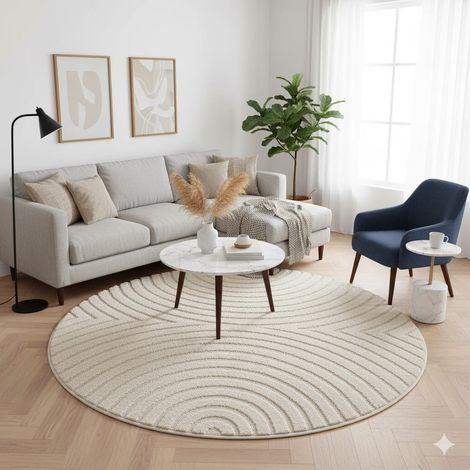 Tapis rond 3D crème 120 cm – Design géométrique élégant – Épaisseur 8 mm – 100 % polypropylène – Certifié Oeko Tex Standard 100 (1/5)