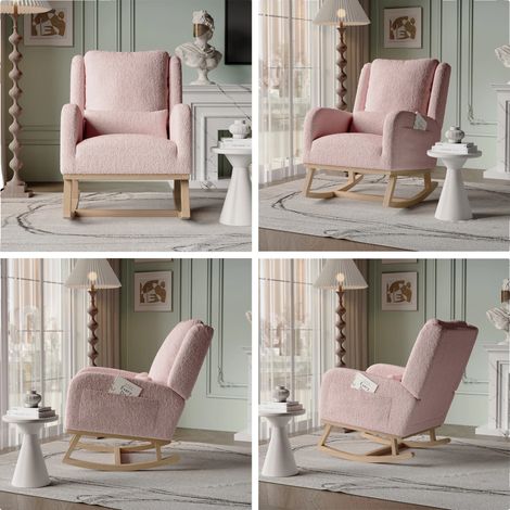 Fauteuil à bascule, design confortable, utilisation polyvalente, 68x93x96 cm, Rose--velours teddy (1/2)