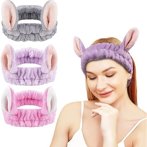 Lntyq 3 Pièces Bandeau Maquillage Cheveux Femme Mignon Serre Tête Bandeau Soin Visage Oreilles de Lapin Bandeau Cheveux pour Spa Yoga Sport Se Maquiller (1/5)