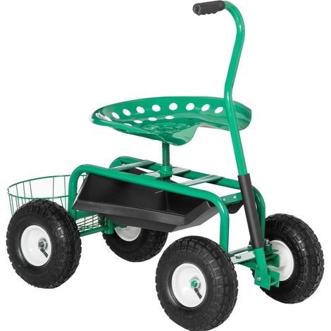 Carro de jardín con asiento giratorio 360° regulable, cesta y bandeja, 150 kg, verde (1/5)