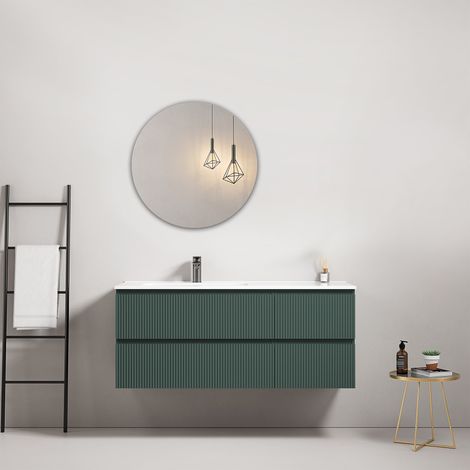 Mobile bagno sospeso cannettato 120 cm Verde Comodoro Lavabo a Sinistra in Ceramica Specchio Tondo - Fiji Paint (1/4)