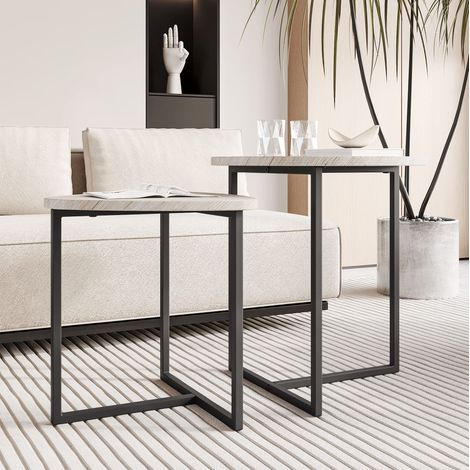 CHICFURN Mesa de centro redonda 2 piezas industrial, juego de mesas auxiliares con tablero veteado y estructura de metal, apilables, para salón, sofá y espacios pequeños (1/5)