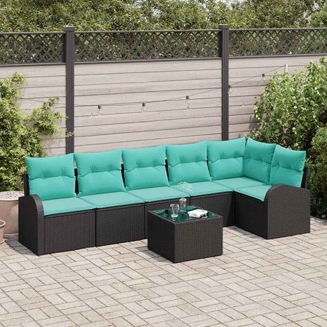 Teenpull – Gartensofa-set 7 Stk. Schwarz und Türkis Poly-Rattan (1/5)