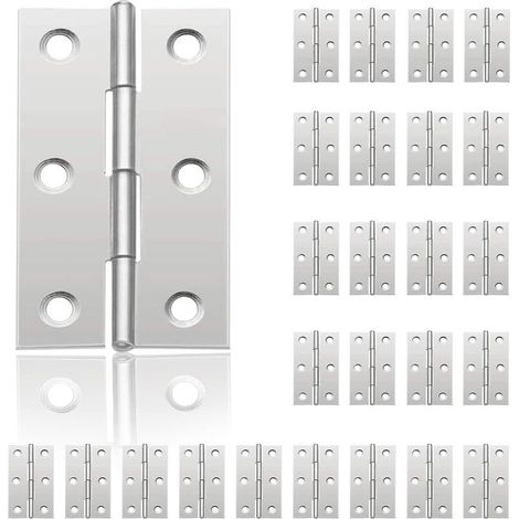 Reno – Paquete de 24 bisagras de acero inoxidable para puertas – 6 orificios de montaje – Mayor capacidad de carga – Para joyeros y muebles – 44 mm x 32 mm (1/4)