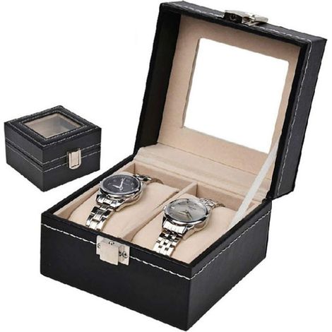 Boîte à montres 2 emplacements, cuir noir, coffret de rangement avec couvercle vitré, organisateur pour montres et bijoux, homme et femme (1/4)