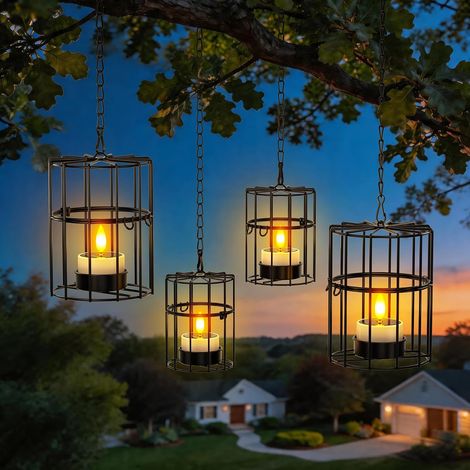 Lot de 4 lanternes suspendues avec bougies chauffe-plat solaires, étanches IP54, pour l'extérieur  Lanterne solaire d'extérieur à suspendre pour balcon, terrasse, 2 tailles (1/5)